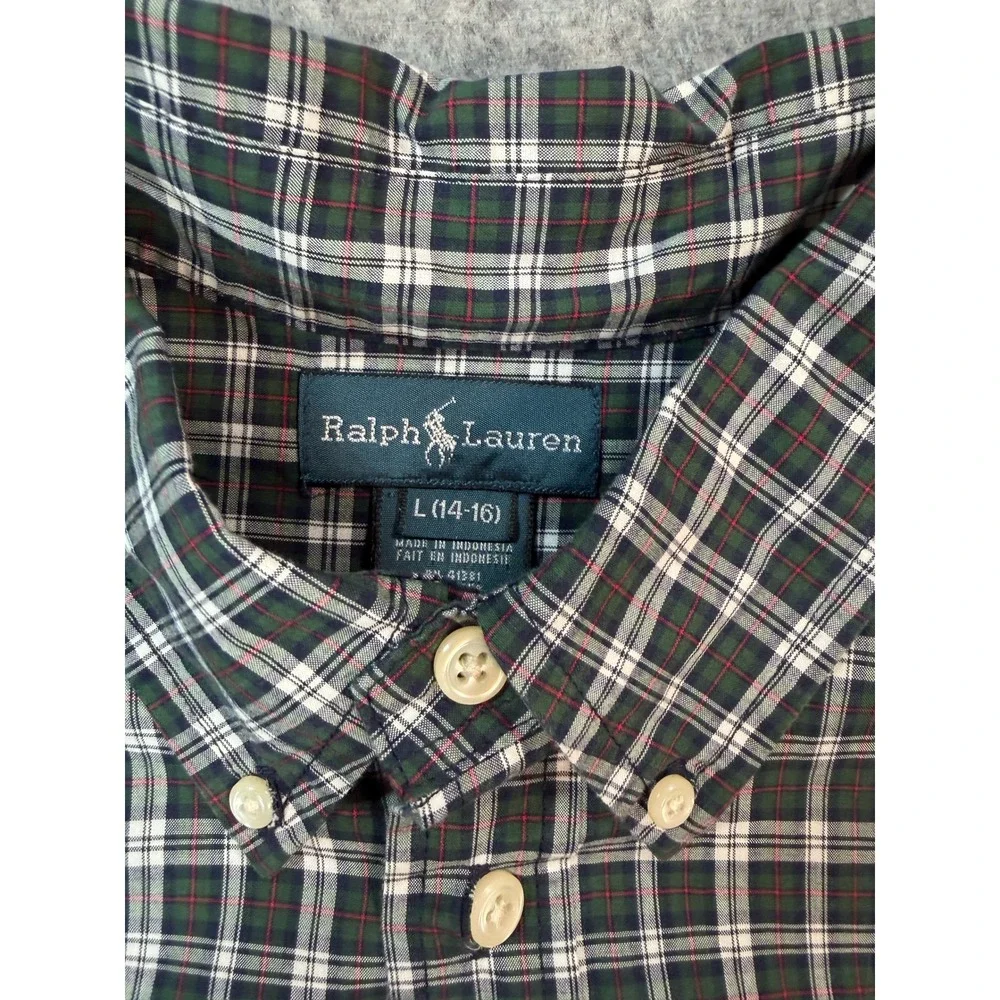 Ralph Lauren Kids Green Plaid Button Down Shirt Size L 14-16 Long Sleeve Cotton